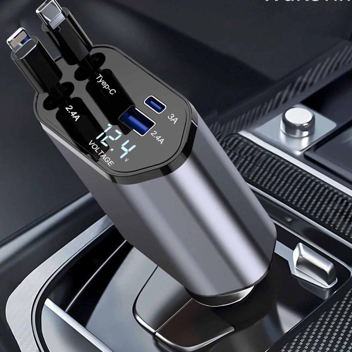 4-in-1 Retractable 100W Fast Car Charger with iPhone and Type-C Cables and Dual Charging Ports